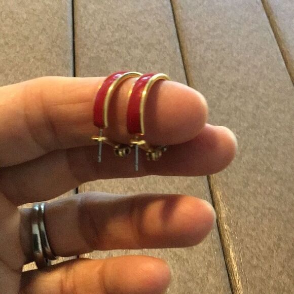 Earrings, Vintage Red and Gold Hoop Earrings, Monet - Picture 1 of 4